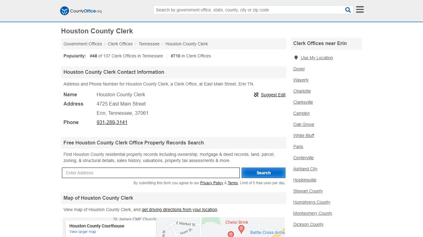 Houston County Clerk - Erin, TN (Address and Phone)